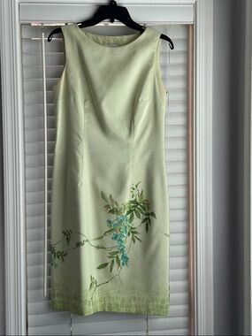 Calvin Klein Pale Green Midi Sheath Dress with Teal Floral Accent